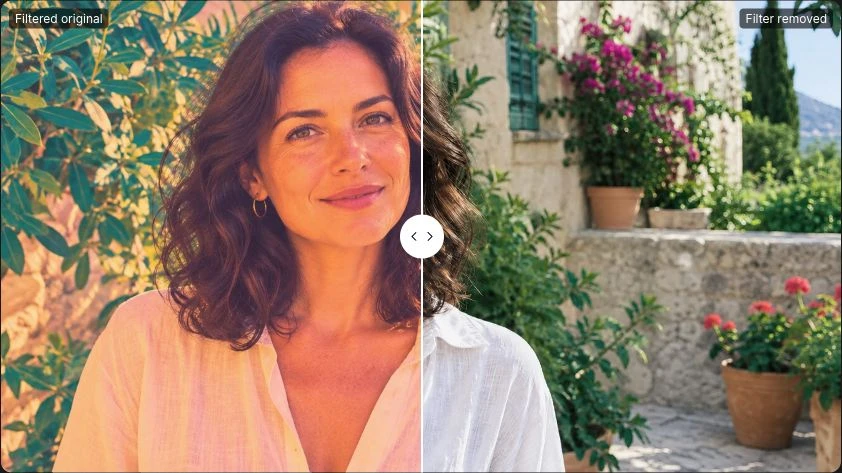 Portrait comparison showing a strong orange-pink cast on the left and a more balanced AI edit on the right